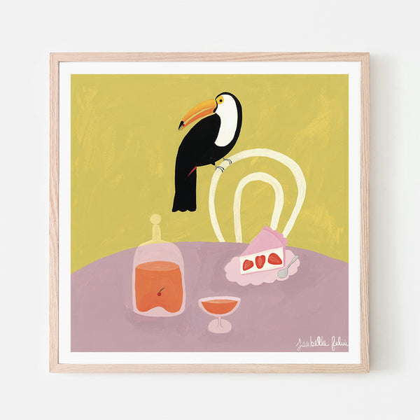 CAKE AND TUCAN, 20" X 20"— by Isabelle Feliu