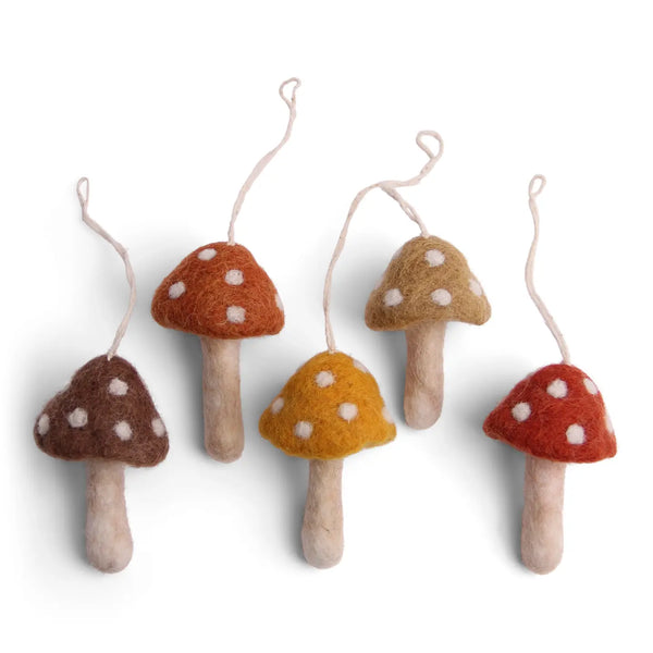 HANGING FELT ORNAMENT - Set of 5 Rusty Red Mushroom — by Gry & Sif