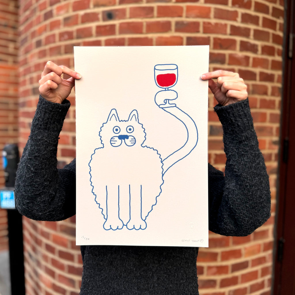 BLUE WINE CAT, 12" X 18" (screen printed) — by Benoit Tardif