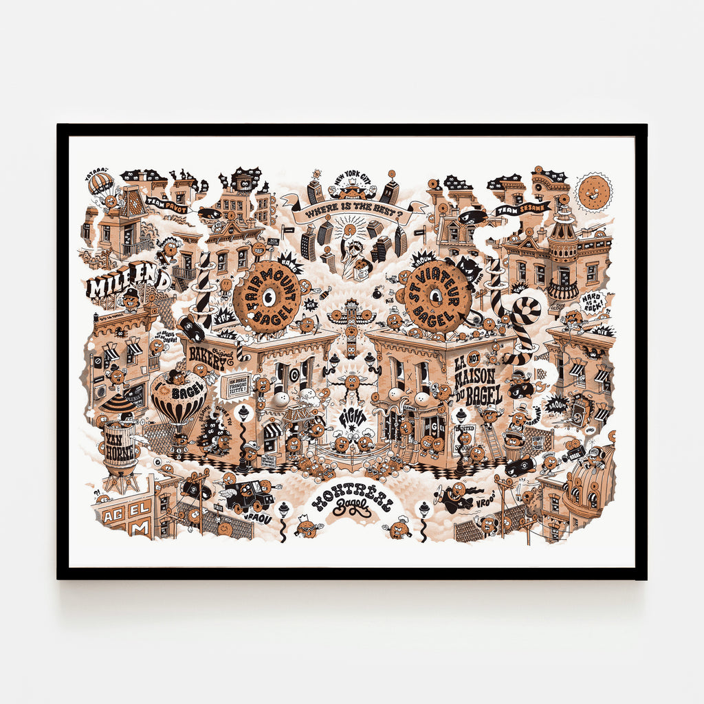THE BATTLE OF THE BAGELS, 24" X 18" (silkscreen print) — by Romain Blais