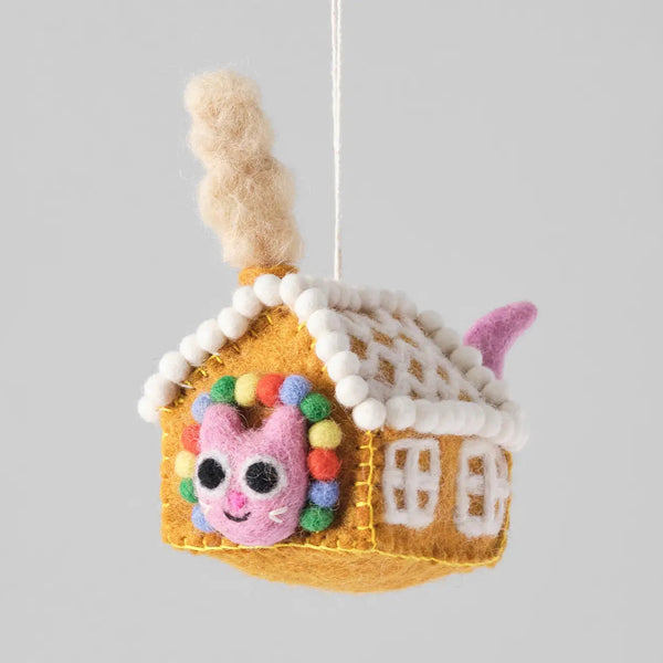 "GRETEL" CAT IN GINGERBREAD HOUSE FELT ORNAMENT— by Elliot Kruszynski