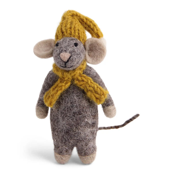 HANGING FELT ORNAMENT - GREY MOUSE WITH YELLOW HAT & SCARF — by Gry & Sif