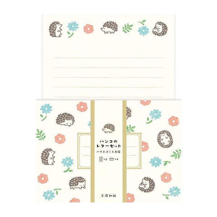 ENSEMBLE DE PAPIER À LETTRES « HANKO » – Hérisson et fleurs — par Furukawashiko