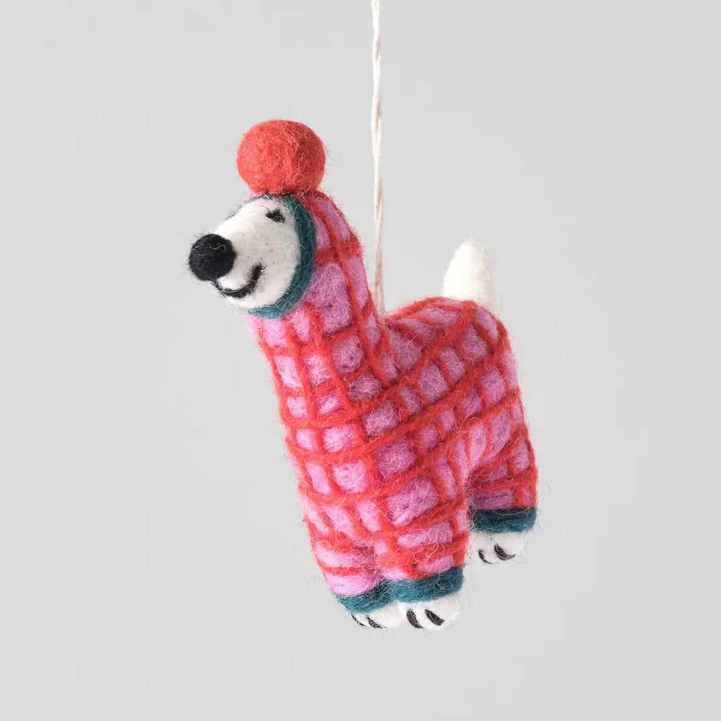 "JAYLA" DOG IN RED ONESIE FELT ORNAMENT— by Cari Vander Yacht
