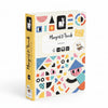 A children's magnetic notebook titled 'Magnét'book' shown at a three-quarter angle on a plain white background. The notebook has a cream-colored grid cover decorated with colorful geometric shapes, a yellow spine, and a cartoon character wearing a blue hat.