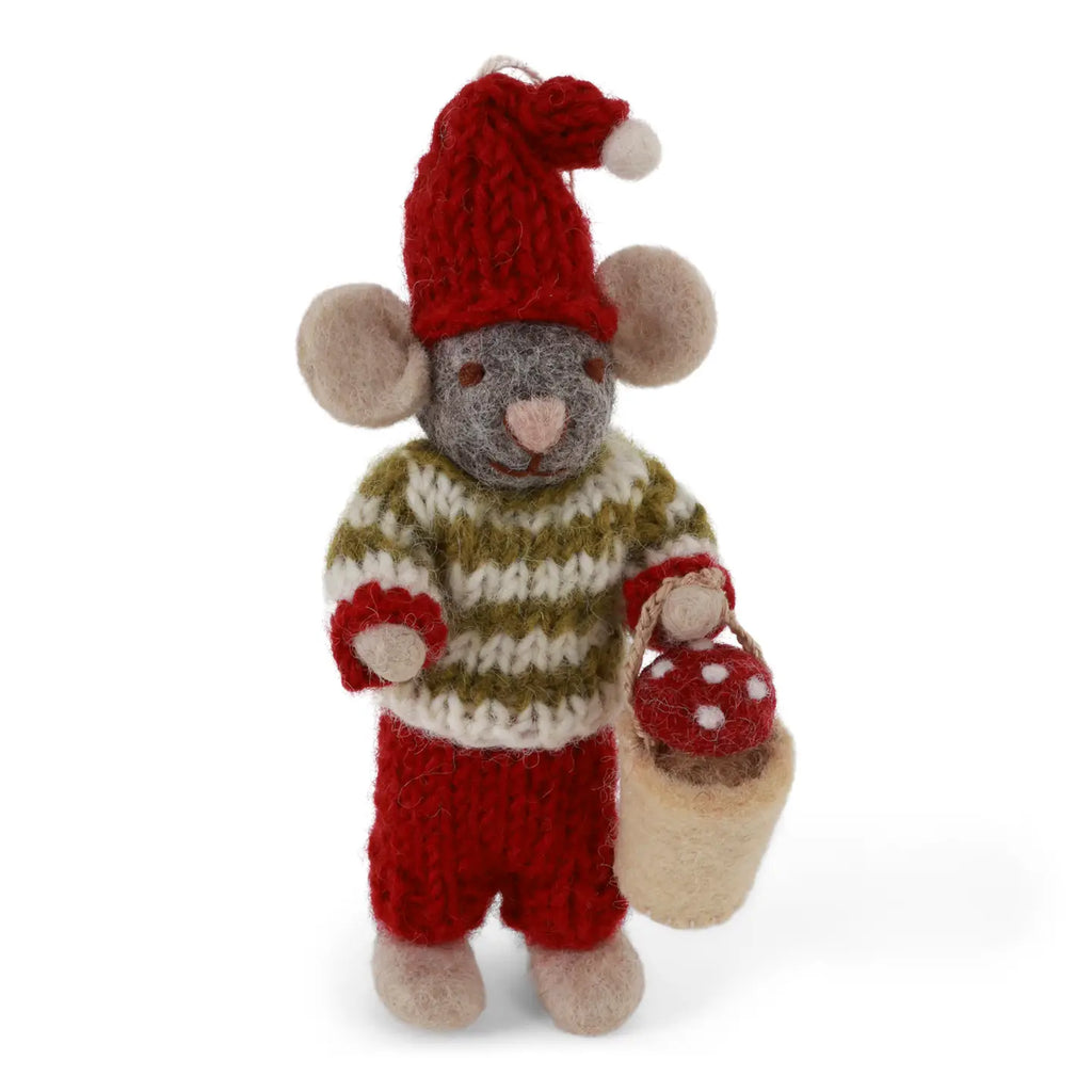 HANGING FELT ORNAMENT - GREY MOUSE WITH MUSHROOM BUCKET — by Gry & Sif