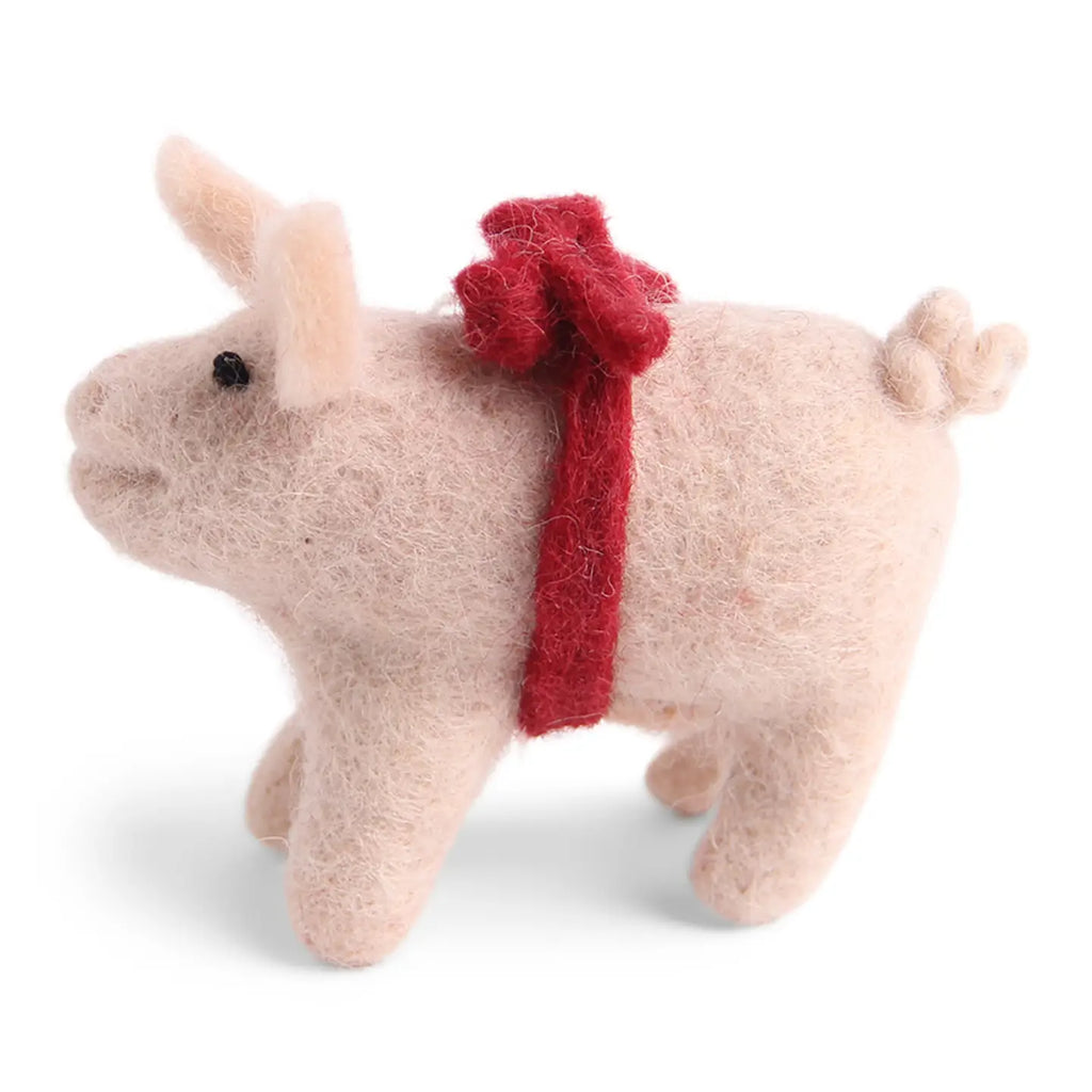 HANGING FELT ORNAMENT - PIG WITH RED RIBBON — by Gry & Sif