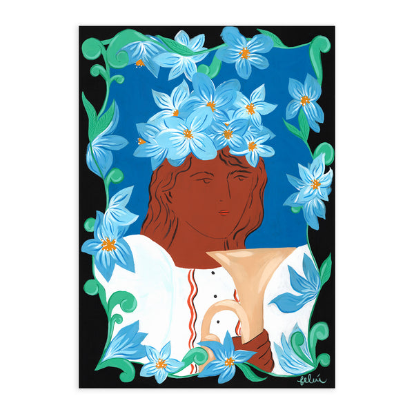 TROMPÉTISTE À LA COURONNE DE FLEURS (Original Painting) 11.75" x 16.5" — by Isabelle Feliu