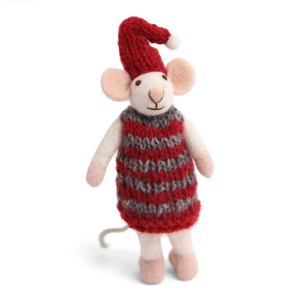 HANGING FELT ORNAMENT - WHITE MOUSE WITH STRIPED DRESS — by Gry & Sif