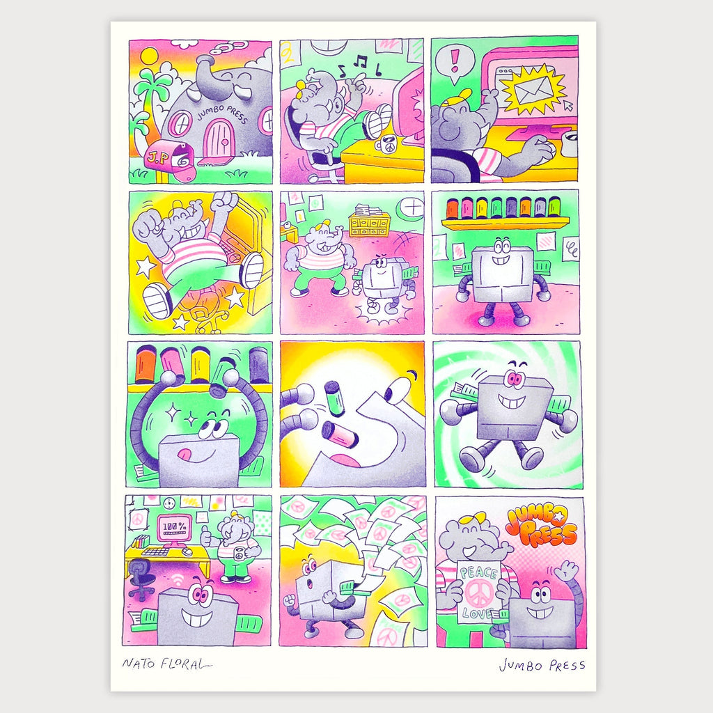 A DAY AT JUMBO PRESS, 29,7 x 42 cm (A3) – by Nato Floral